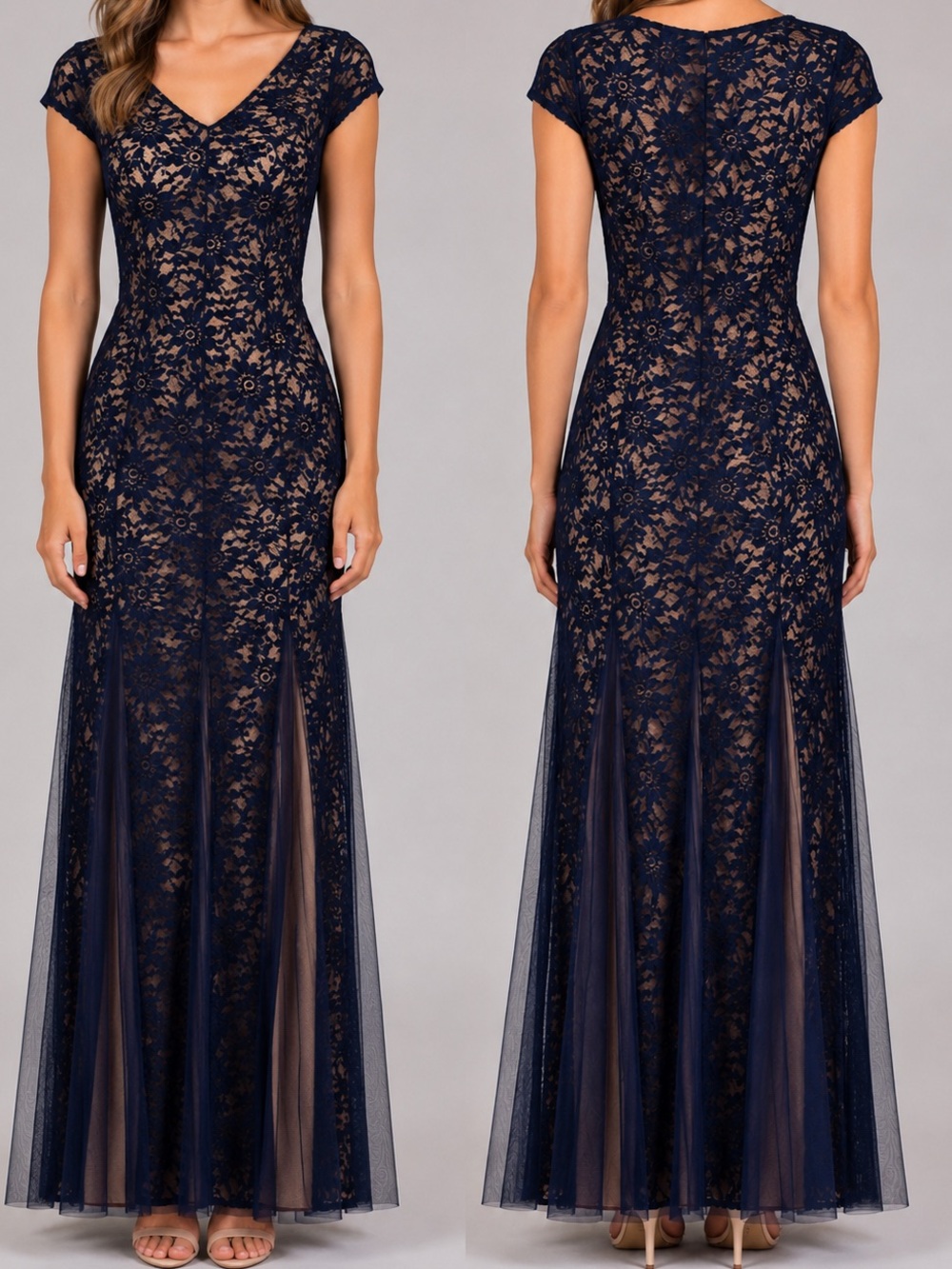 Candalite Petite Full Length Navy Lace Formal Evening Gown - Mother of the Bride